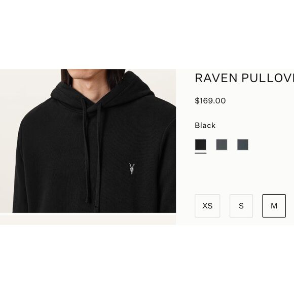 ~ ALLSAINTS Mens Raven Pullover Ramskull Hoodie Med Sweatshirt Kangaroo Pocket - Picture 2 of 16